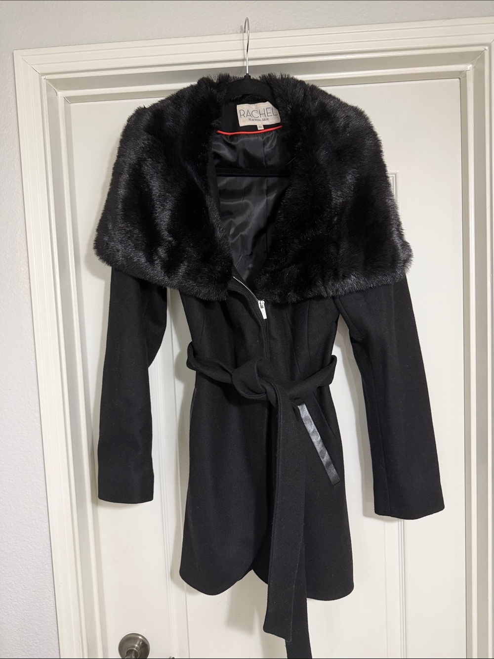 Rachel Black Wool-Blend Belted Coat with Faux Fur Shawl Collar feminine size L
